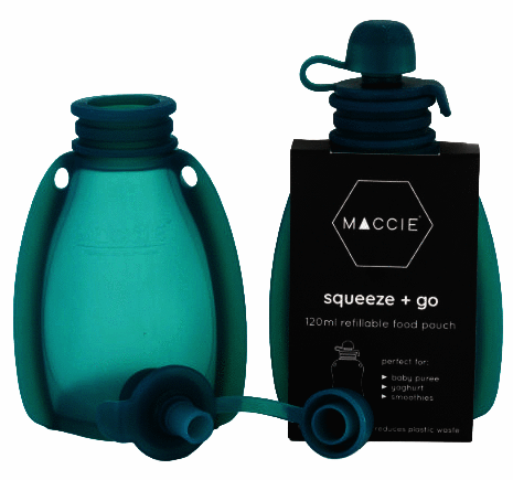 Maccie Squeeze + Go refillable pouch in blue, featuring a convenient spout and cap for easy filling and dispensing.