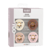 BIBS Colour Pacifier 4 Pack in Ivory/Blush/Woodchuck/Blossom and more, size 2, made from natural rubber, in a stylish box.