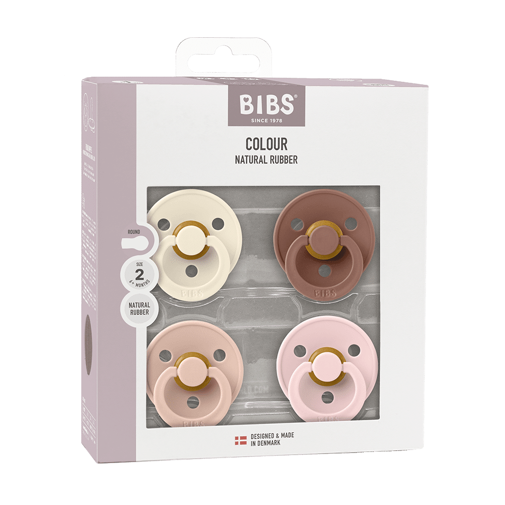 BIBS Colour Pacifier 4 Pack in Ivory/Blush/Woodchuck/Blossom and more, size 2, made from natural rubber, in a stylish box.