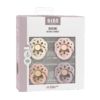 BIBS Boheme Pacifier 4 Pack in Ivory, Blush, Blossom, and Dusky Lilac with round natural rubber design.