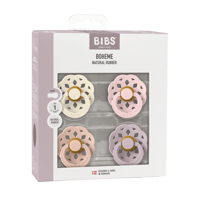 BIBS Boheme Pacifier 4 Pack in Ivory, Blush, Blossom, and Dusky Lilac with round natural rubber design.