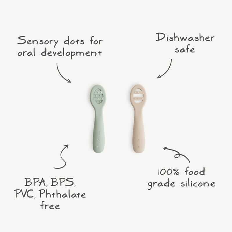 Mushie First Feeding Baby Spoons in blush and Cambridge blue, featuring sensory dots and dishwasher safe design.
