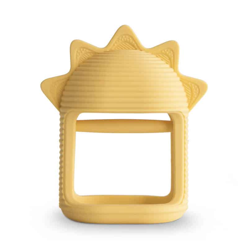 Mushie No-Drop Sun Teether in Sunshine color, featuring a sun design with ridged texture for easy gripping.