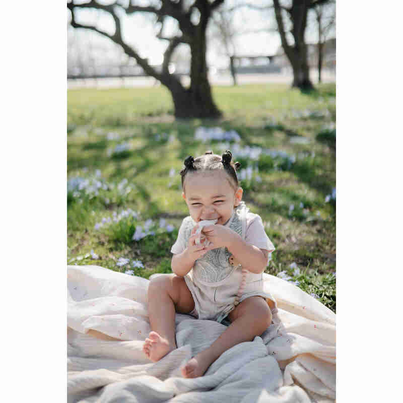 Mushie Silicone Fresh Food Feeder in blush, used by a smiling toddler outdoors on a blanket surrounded by flowers.
