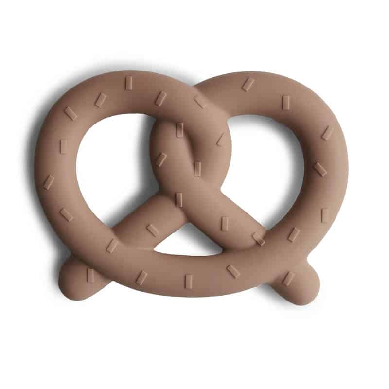 Mushie Pretzel Teether in natural color, shaped like a pretzel with textured details for easy gripping.