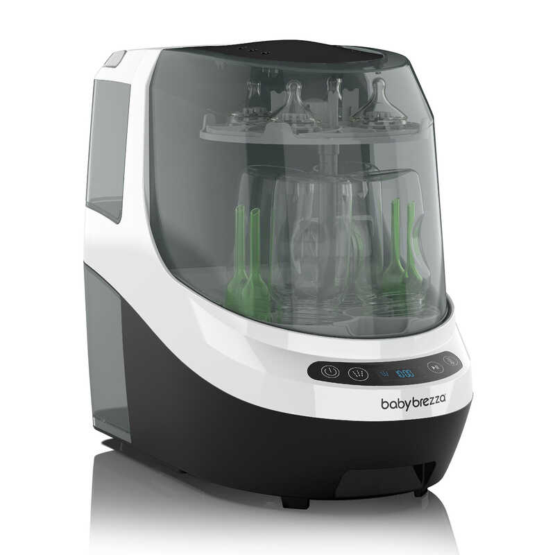 Baby Brezza Bottle Washer Pro in white and black, featuring a transparent top and space for multiple bottles.