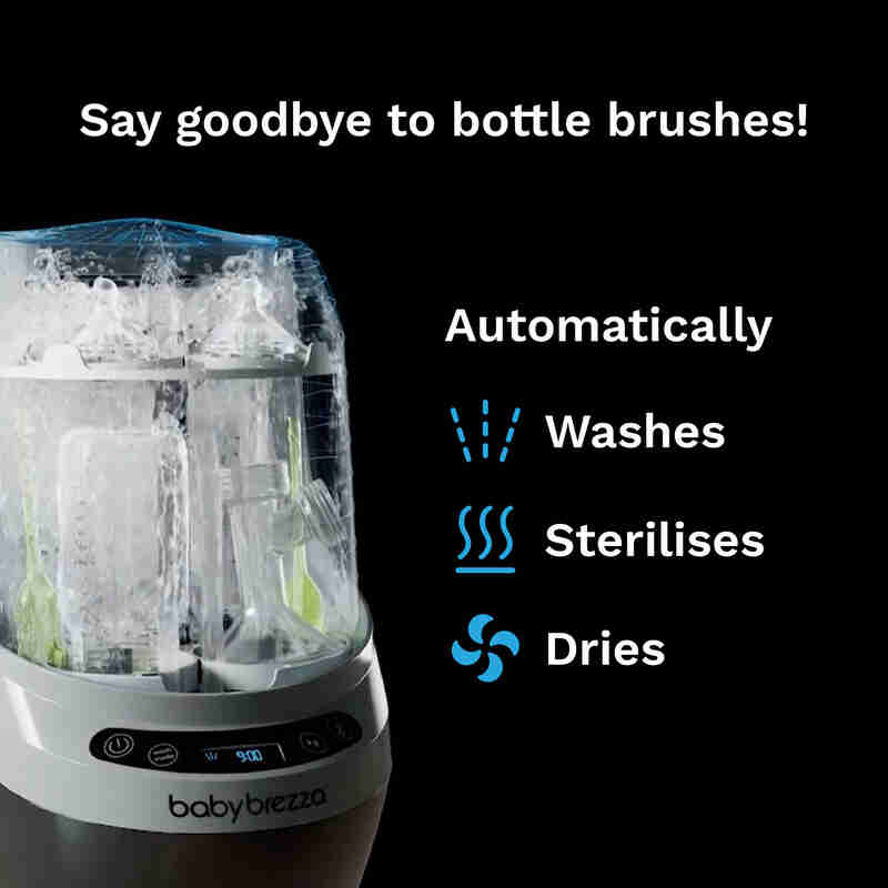 Baby Brezza Bottle Washer Pro in sleek design, showcasing its automatic washing, sterilizing, and drying features.