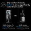 Baby Brezza Bottle Washer Pro demonstrating superior cleaning with no milk residue compared to a traditional bottle brush.