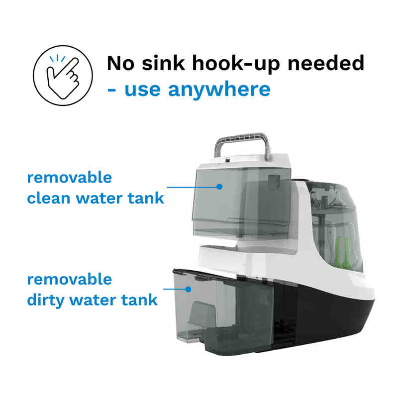 Baby Brezza Bottle Washer Pro with removable clean and dirty water tanks, designed for convenient use anywhere.