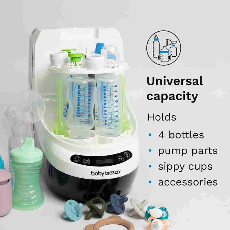 Baby Brezza Bottle Washer Pro in white and green, designed to hold 4 bottles, pump parts, and accessories.