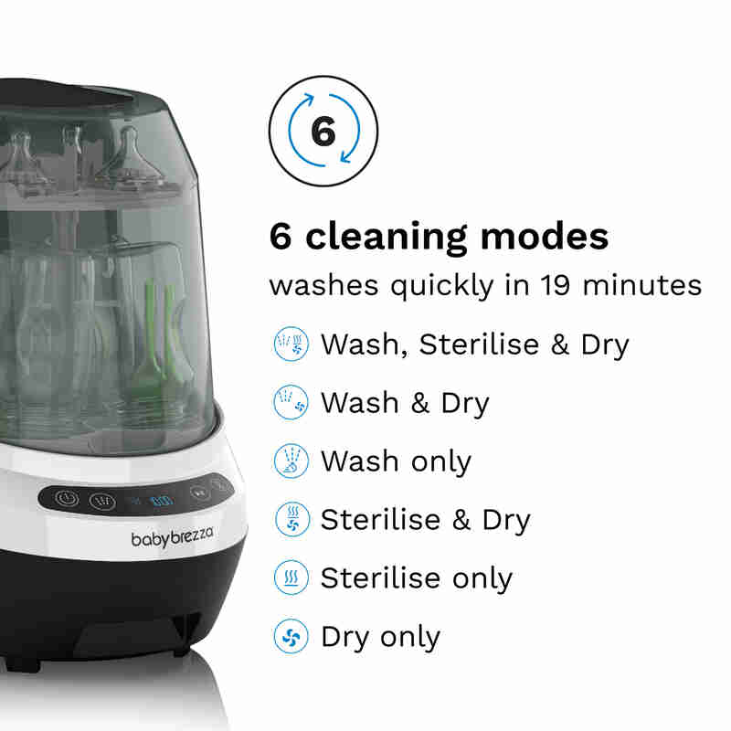 Baby Brezza Bottle Washer Pro with six cleaning modes, showcasing a sleek design and user-friendly interface.