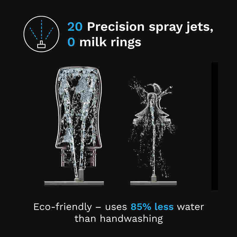 Baby Brezza Bottle Washer Pro with 20 precision spray jets, showcasing efficient cleaning with minimal water usage.