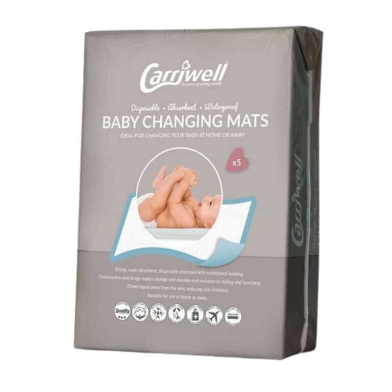 Carriwell Baby Changing Mat pack of 5, waterproof and disposable, ideal for changing your baby at home or on the go.