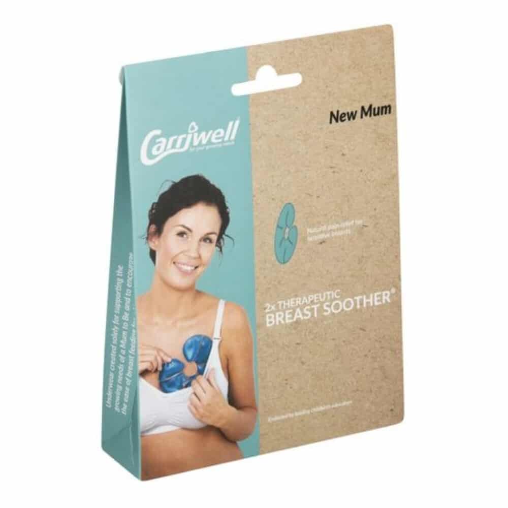 Carriwell Breast Soother pack featuring two therapeutic soothers, designed for new mothers, with a smiling woman in the