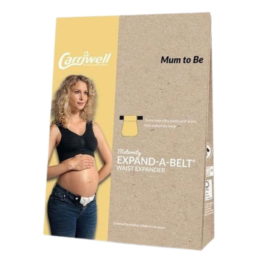 Carriwell Expand-A-Belt waist expander for maternity, shown in packaging with a pregnant woman wearing it.