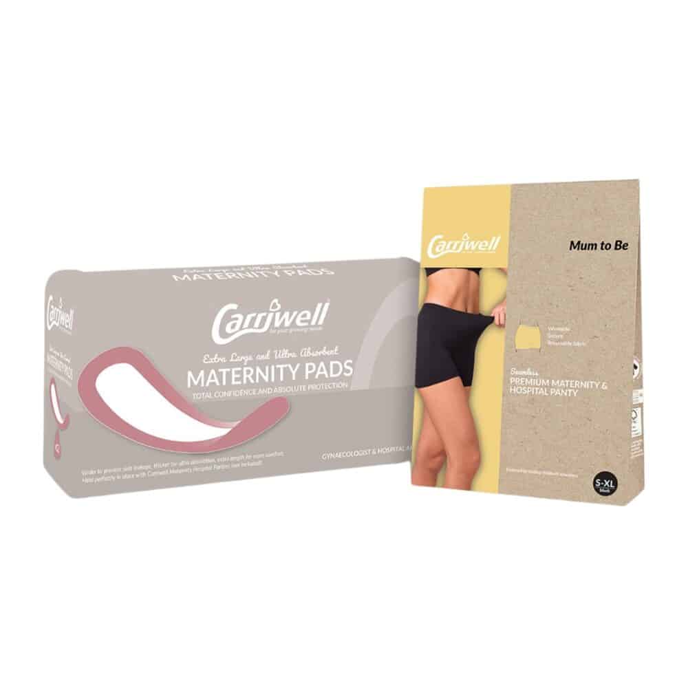 Carriwell Hospital Readiness Pack 1 includes premium maternity pads and hospital panties, suitable for sizes S-XL.