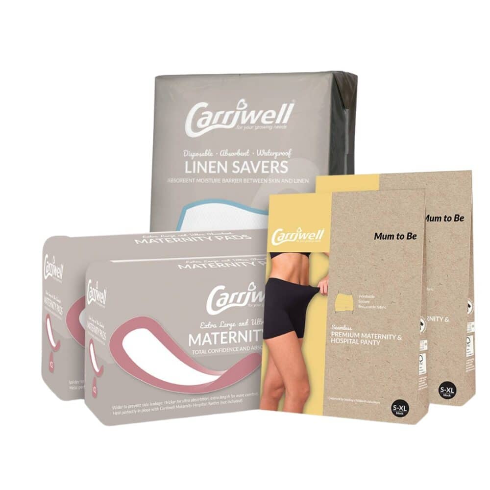 Carriwell Hospital Readiness Pack 2 includes maternity pads and hospital panties, suitable for sizes S-XL.