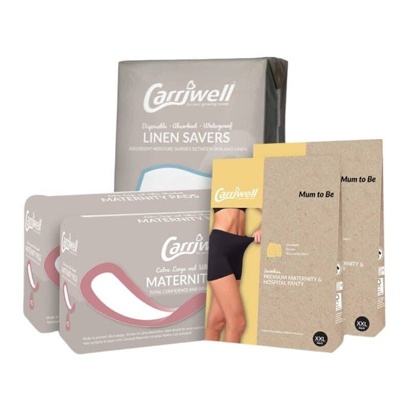Carriwell Hospital Readiness Pack 2 - Premium (XXL) includes maternity pads, linen savers, and hospital panties for comfort.