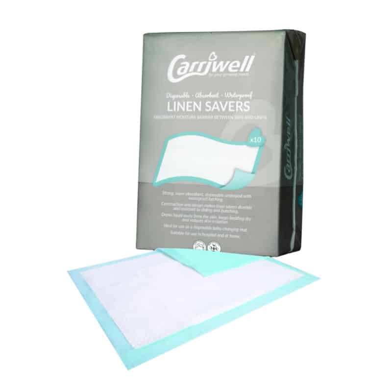 Carriwell Linen Savers pack of 10, featuring a waterproof design with a soft, absorbent surface and a mint green border.
