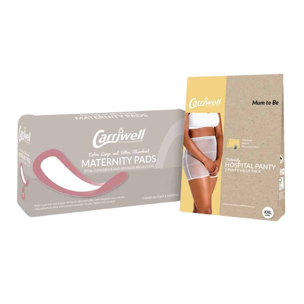 Carriwell Maternity Hospital Readiness Pack 1 (XXL) includes maternity pads and hospital panties for comfort and protection.