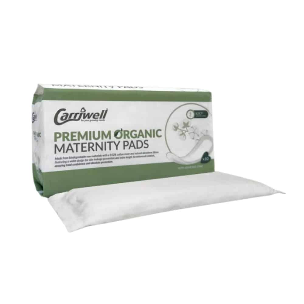 Carriwell Premium Organic Maternity Pads in eco-friendly packaging, featuring a soft, absorbent pad design.