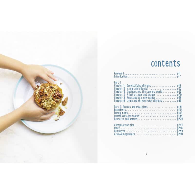 Allergy Sense book by Meg Faure, Kath Megaw & Dr. Sarah Karabus, showing hands holding a healthy snack on a plate.