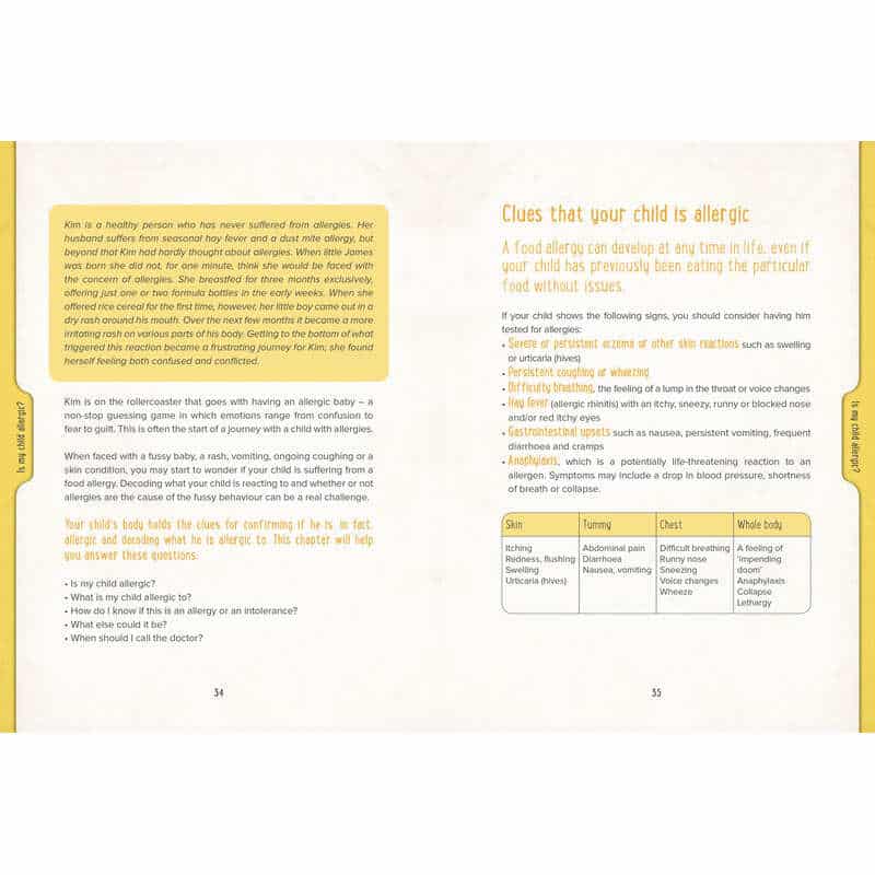 Allergy Sense book pages highlighting allergy clues for children, featuring text and illustrations in a bright, engaging