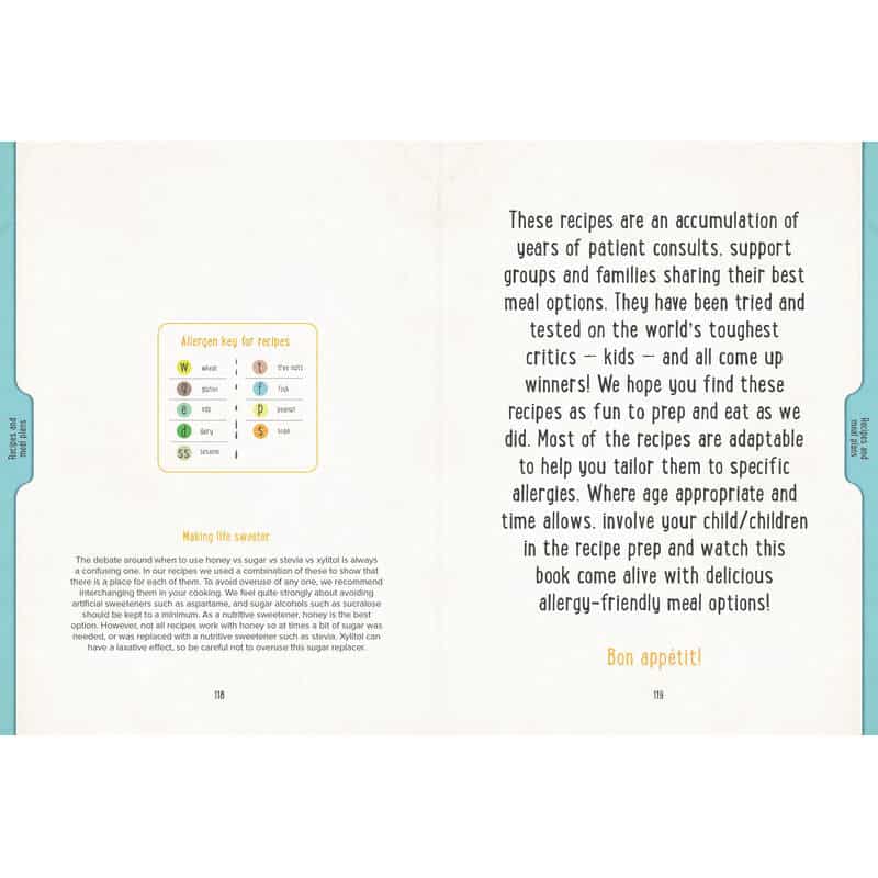 Allergy Sense book interior showing allergen key for recipes and tips for preparing allergy-friendly meals.