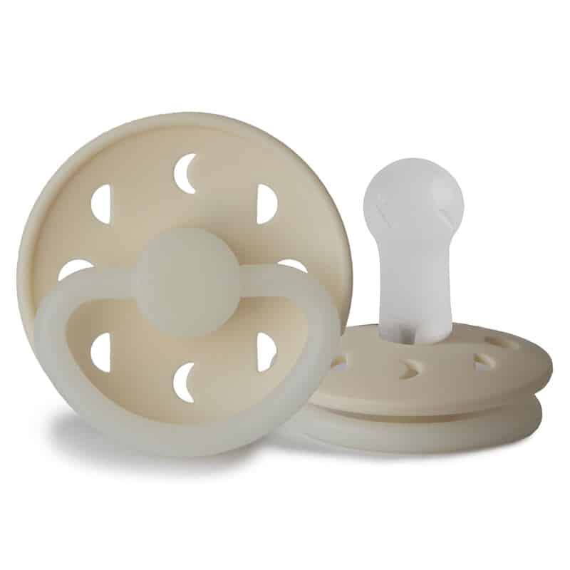 FRIGG Moon Night Silicone pacifier in Night Blush, featuring a crescent moon design and soft silicone material.