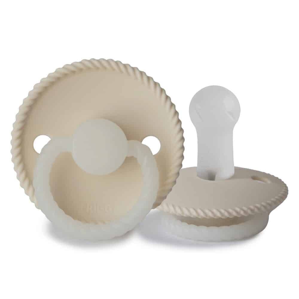 FRIGG Rope Silicone Night pacifier in Night Cream, featuring a textured rope design and a soft silicone nipple.