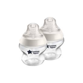 Tommee Tippee Natural Start 150ml self-sterilizing clear bottles, neutral color, featuring Ollie design, pack of two.