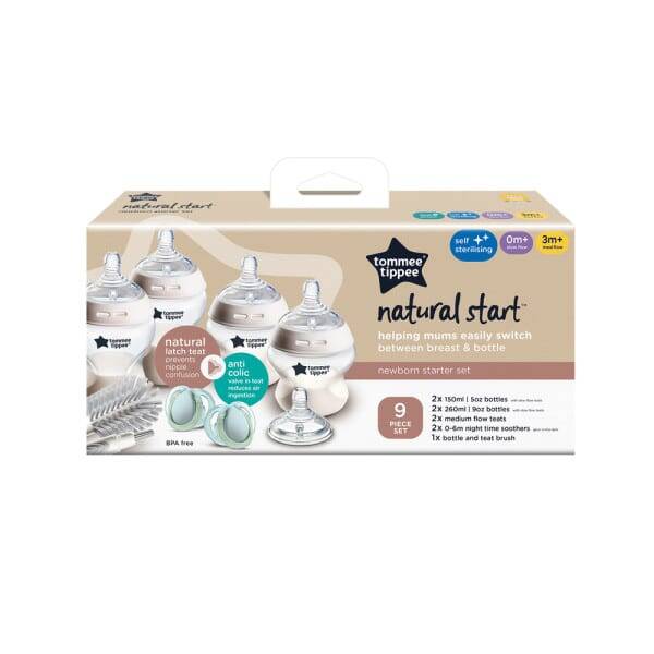 Tommee Tippee Natural Start Newborn Starter Set in blue, includes 2x 5oz bottles, 2x 9oz bottles, and a bottle brush.