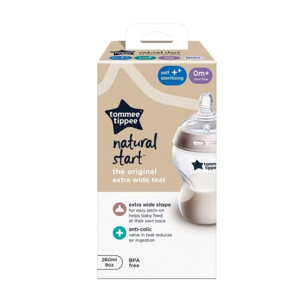 Tommee Tippee Natural Start 260ml self-sterilizing clear bottle with extra wide teat, suitable for 0 months and up.