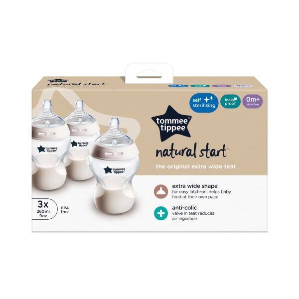 Tommee Tippee Natural Start 260ml self-sterilizing bottle 3-pack in Jungle Blue, Jungle Purple, and Midnight Skies.