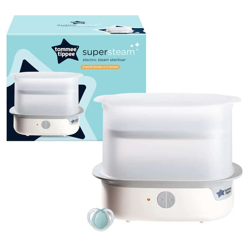 Tommee Tippee Super-Steam Advanced Electric Steriliser in white with a clear lid, next to its packaging and a pacifier.