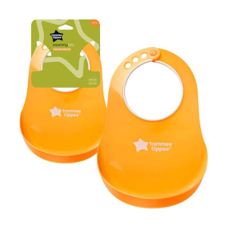 Tommee Tippee Catch All Bib 6M+, bright orange with a wide catch pocket, ideal for messy eaters.