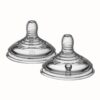 Tommee Tippee Natural Start Medium Flow Teats 2Pk for 3M+, clear silicone design with a unique anti-colic feature.