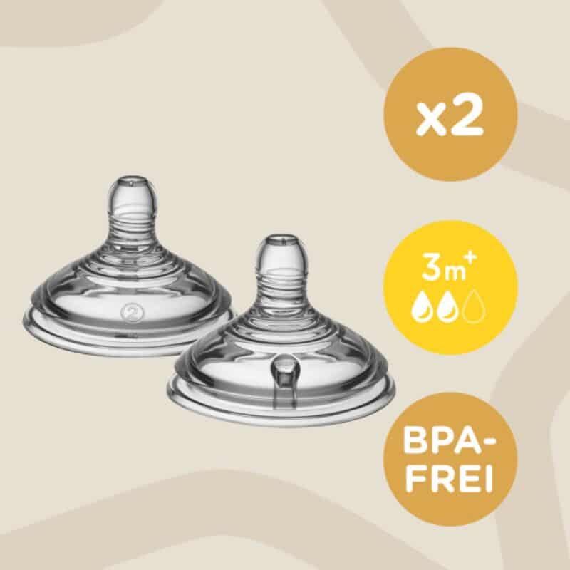 Tommee Tippee Natural Start Medium Flow Teats 2Pk for 3 months+, clear design with a smooth surface, BPA-free.