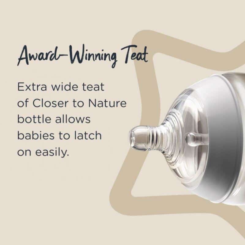 Tommee Tippee Natural Start Medium Flow Teats 2Pk for 3M+ with extra wide design for easy latching.