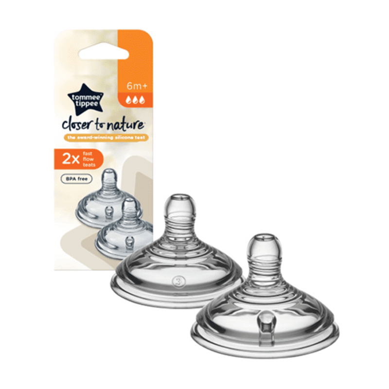 Tommee Tippee Natural Start Fast Flow Teats 2Pk for 6 months+, BPA-free, featuring two clear silicone teats.