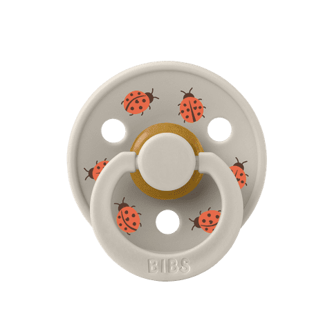 BIBS Studio Collection Colour Pacifier in Bumblebee Mushroom with ladybug design and a yellow ring, size 3.