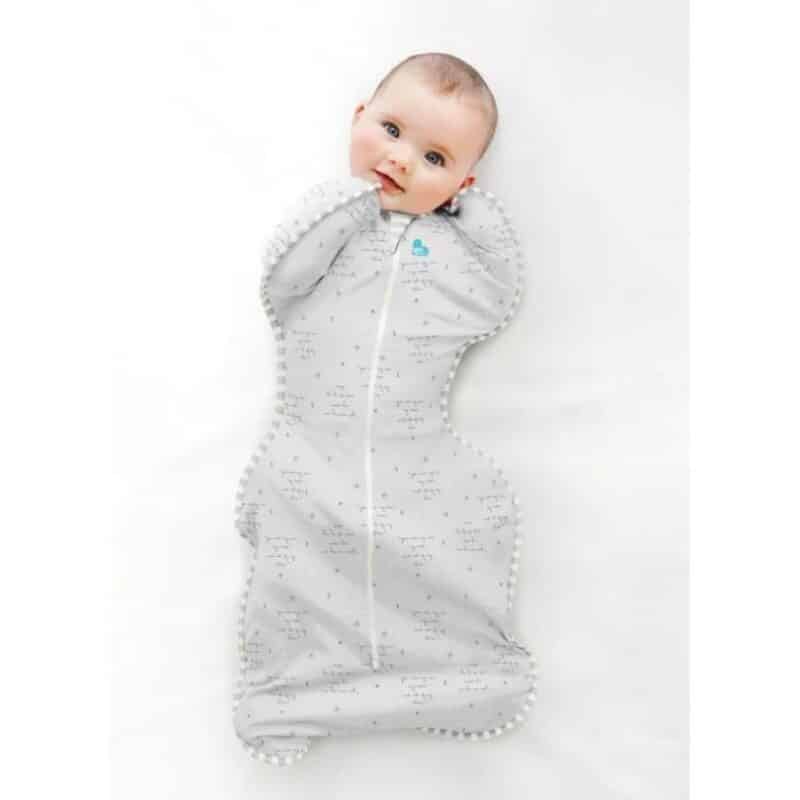 Love To Dream Swaddle Up in grey, featuring a zip closure and unique arm position for comfort, suitable for babies 6-8.5 KG.