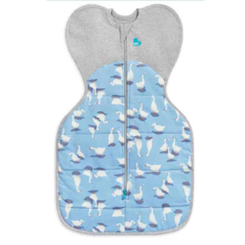 Love To Dream Swaddle Up Medium in Silly Goose Blue, featuring a whimsical goose print and 2.5 tog warmth.