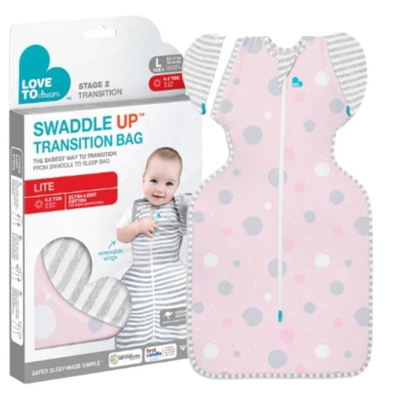 Love To Dream Swaddle Up Transition Bag Large in Daredevil Bunny Dusty Pink with grey and pink circles, 0.2 tog.
