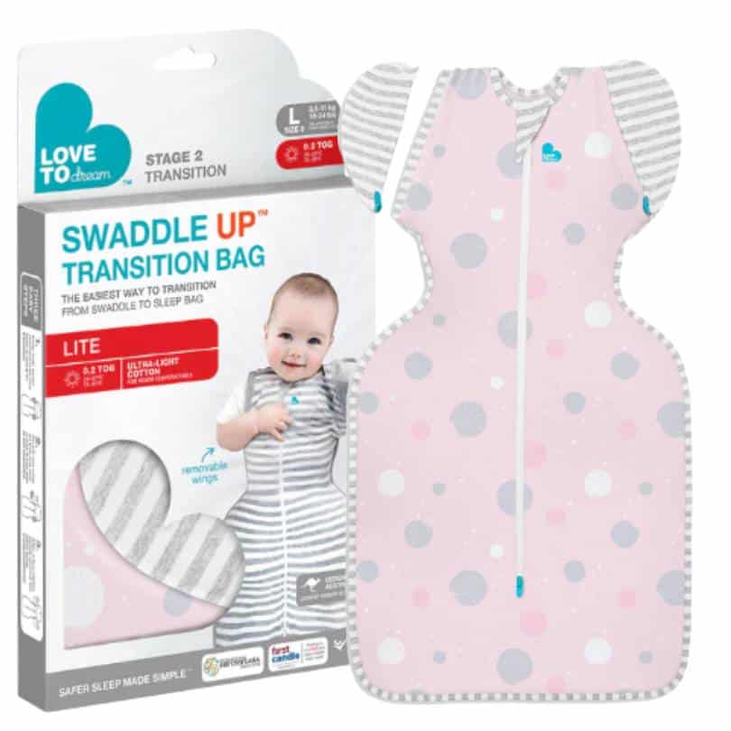 Love To Dream Swaddle Up Transition Bag Large in Daredevil Bunny Dusty Pink with grey and pink circles, 0.2 tog.