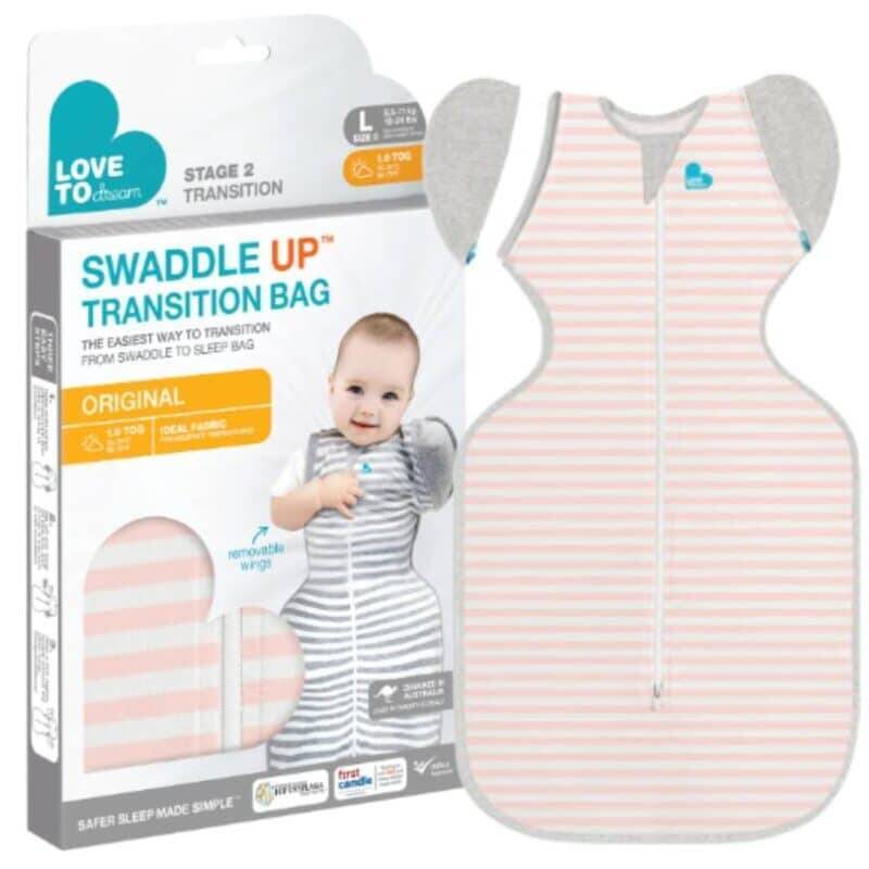 Love To Dream Transition Bag in Dusty Pink with Grey and White stripes, designed for babies 8.5-11KG, 1.0 tog.