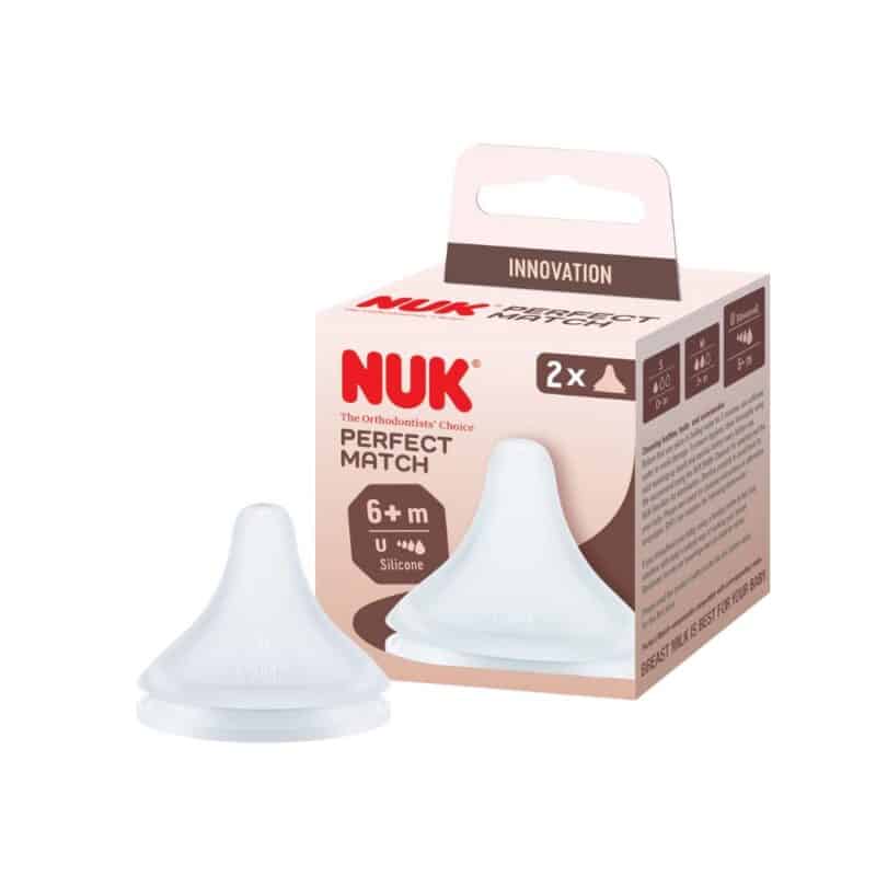 NUK Perfect Match Teat 6m+, silicone, includes two teats, designed for easy feeding transition.