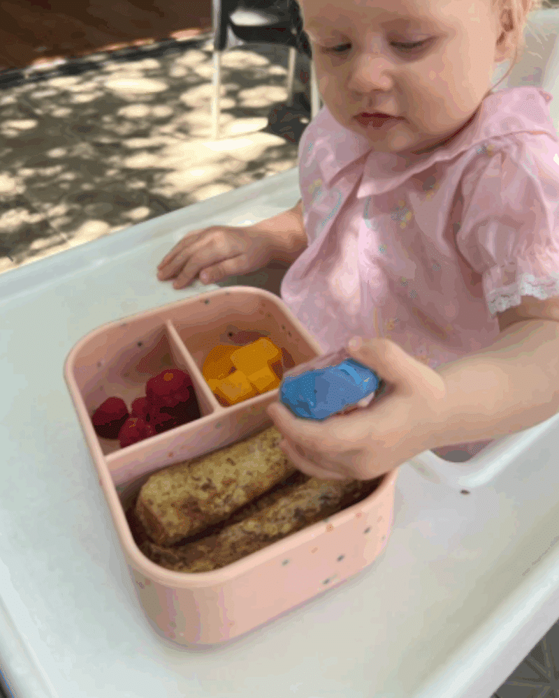 Maccie Munchmate Bento Lunchbox in pink speckles, featuring three compartments with colorful food items, held by a toddler.