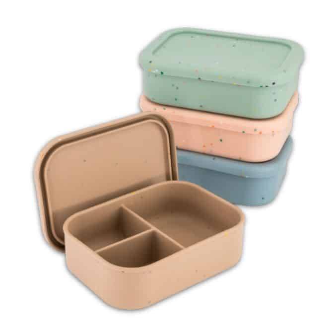 Maccie Munchmate Bento Lunchbox in baby blue, beige, green, and pink speckles with three compartments.