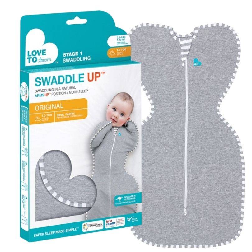 Love To Dream Swaddle Up Original, grey, designed for arms-up swaddling, suitable for infants 3-12 months.